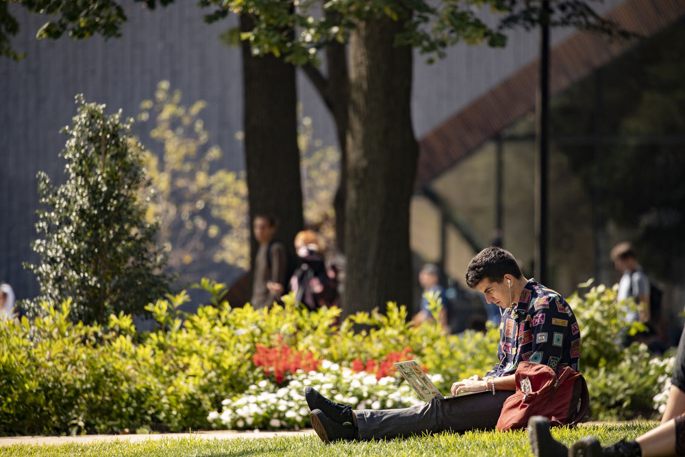 Student studying on a green lawn